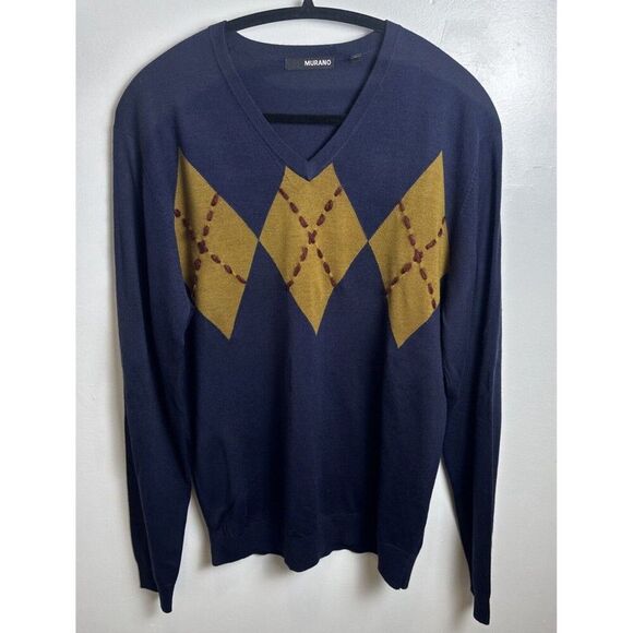 Murano Acrylic V-Neck Lightweight Pullover Sweater Navy Argyle Size Large L - Picture 1 of 13